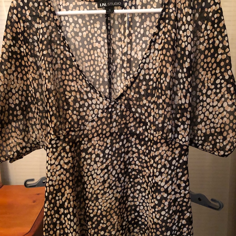 In Studio Black sheer blouse with tan/cream polka dots with waist tie size xl.